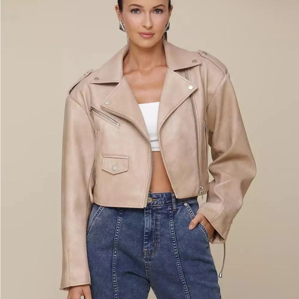 Avec Les Filles Women's Wide-Shoulder Cropped Biker Jacket